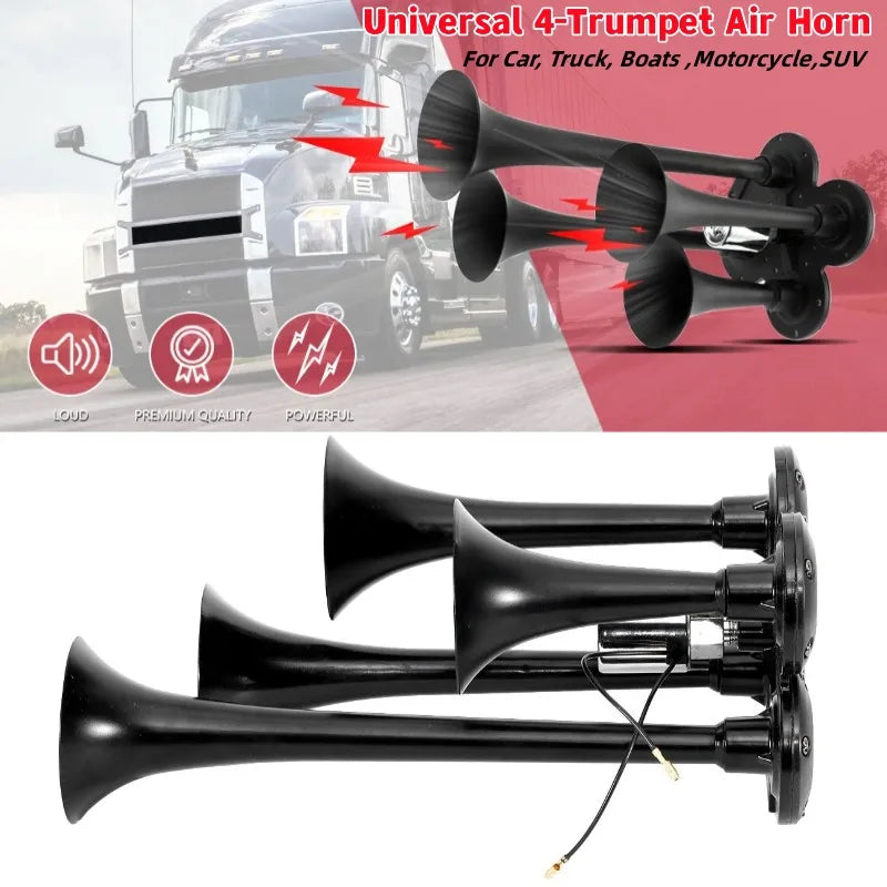 12V 24V 150dB Universal 4-Trumpet Air Horn Loud Sound Horn Black Claxon Horns for Car, Truck, Boat , Motorcycle Vue Default Title