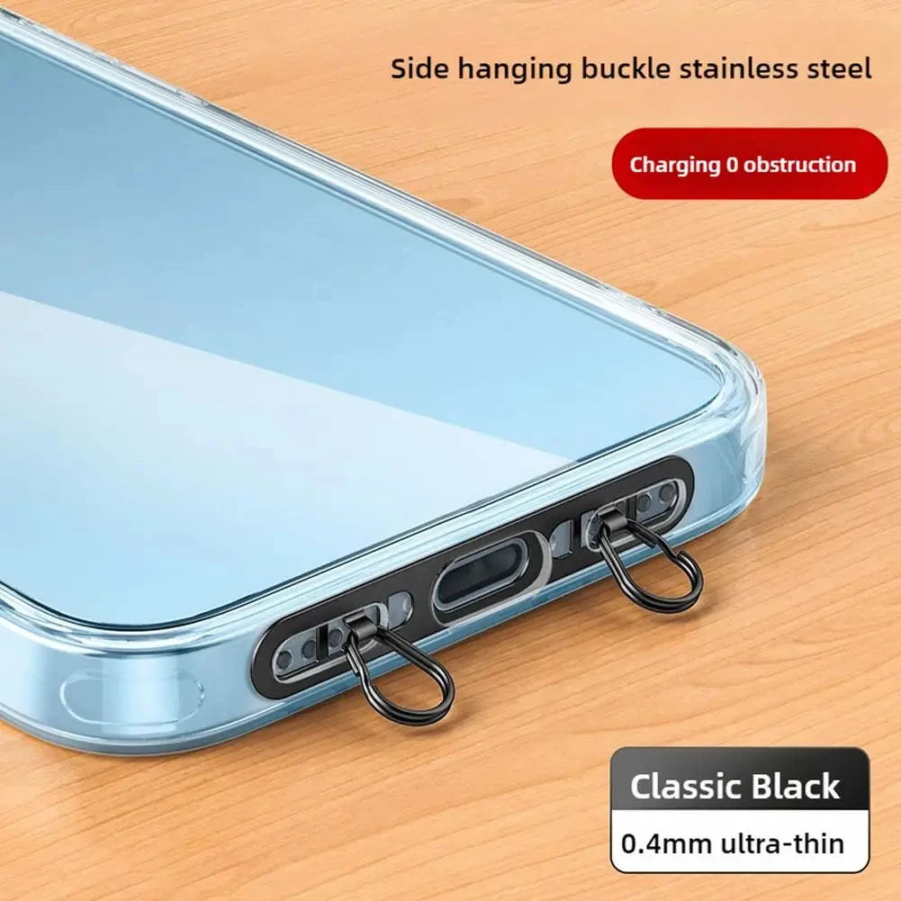 Ultra Thin Metal Mobile Phone Lanyard Patch Stainless Steel Card Anti Lost Hanging Rope Tab Double Buckle Replacement Gasket Vue black Metal