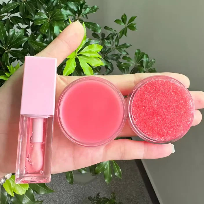 Lip Care Makeup Kit Private Label Pink Packaging Vegan Cream Balm Lip Scrub Gloss Oil Set Moisturizer Anti-Wrinkle Nourishing Vue 1 Strawberry 5 sets with logo