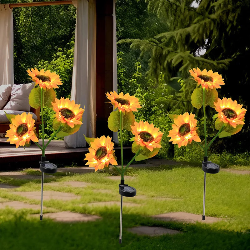 3-head Sunflower Solar-Powered LED Yard Lights Garden Decor Lamp Waterproof Outdoor Floral Ambiance Lawn Lighting Vue