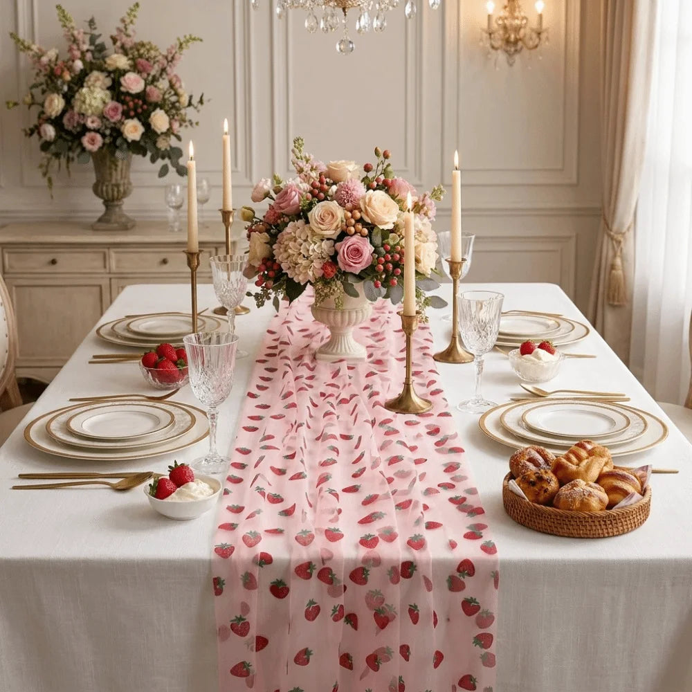 Tulle Fabric Strawberry Mesh Table Runner Sweet Glitter Polyester Gauze Tablecloth Princess Style Table Cover Vue