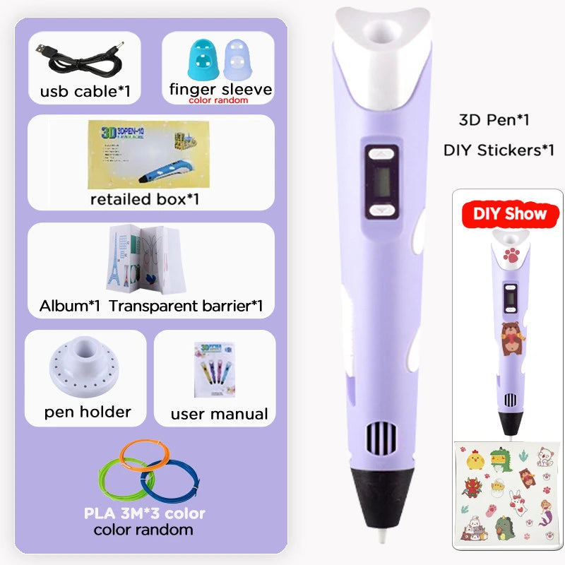 40 Colors 3D Printing Pen Kids 1.75mm PLA Filaments Children 3D Doodle Pen DIY Drawing Pens Boys Girls Birthday Gifts Vue purple pen add 9M PLA Filagment