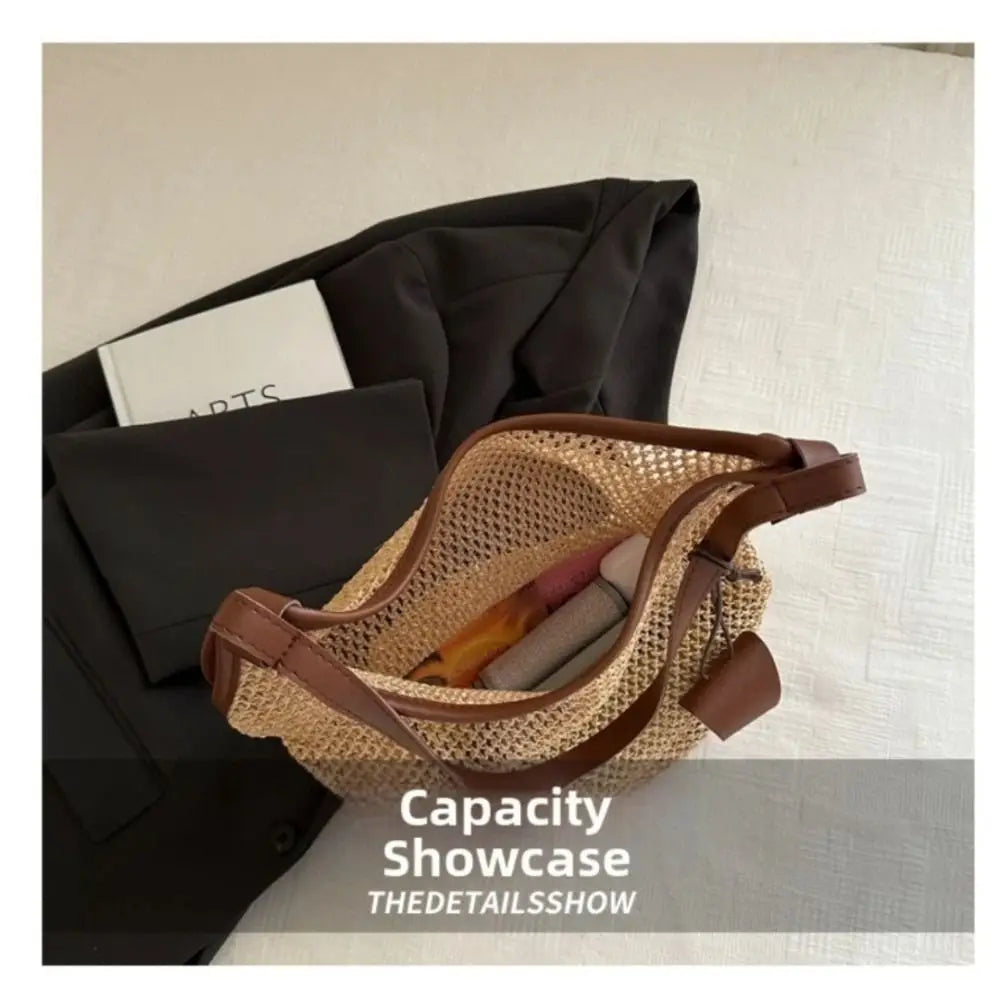 Summer Straw Woven Shoulder Bag Large Capacity Hollow Out Tote PU