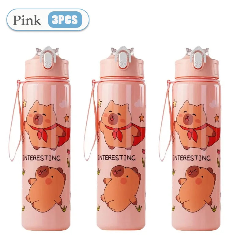 1-10PCS Cartoon Capybara Leak Proof Straw Cup with Braided Handle for Holiday Camping Picnic School Gift Portable Drinkware Vue 601-700ml Pink-3PCS