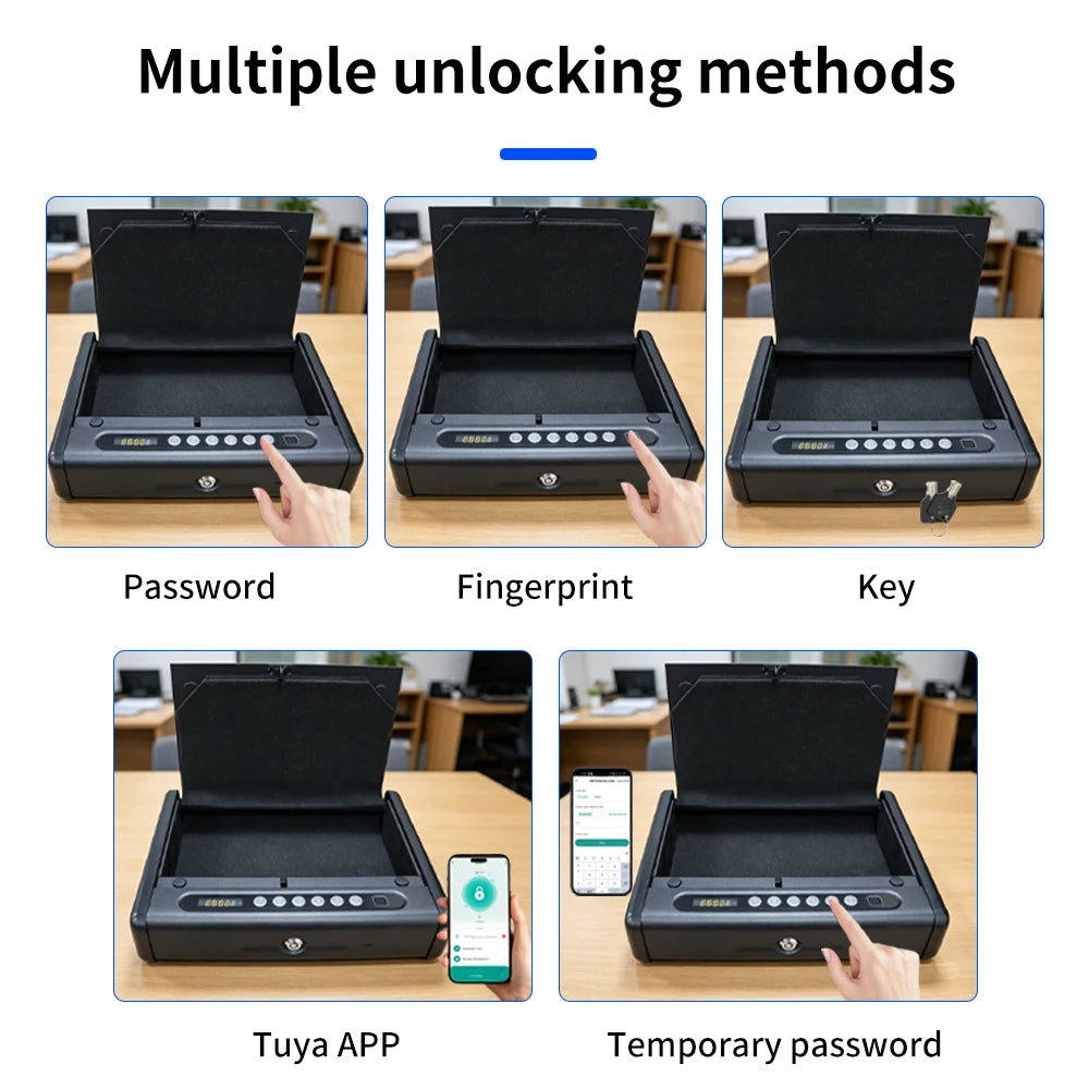 Biometric Bluetooth Security Storage Lockbox Support Tuya APP LED Light Capacity Battery Multi Unlock Modes Built-in Shockproof Vue
