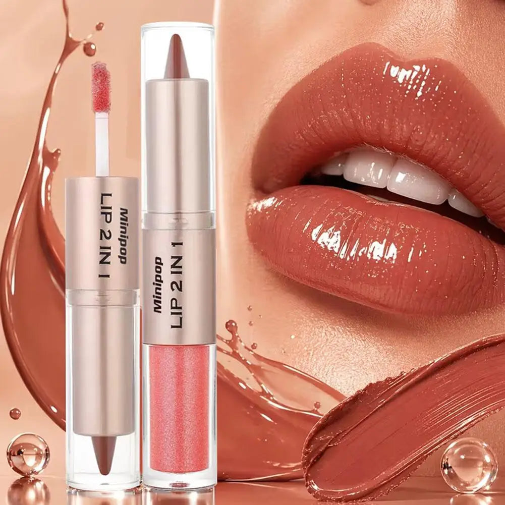 Double-headed Matte Mirror Design Lip Glaze Nude Brown 2-in-1 Tapered Gradient Lip Liner Pen Waterproof Contour Non Stick Makeup Vue