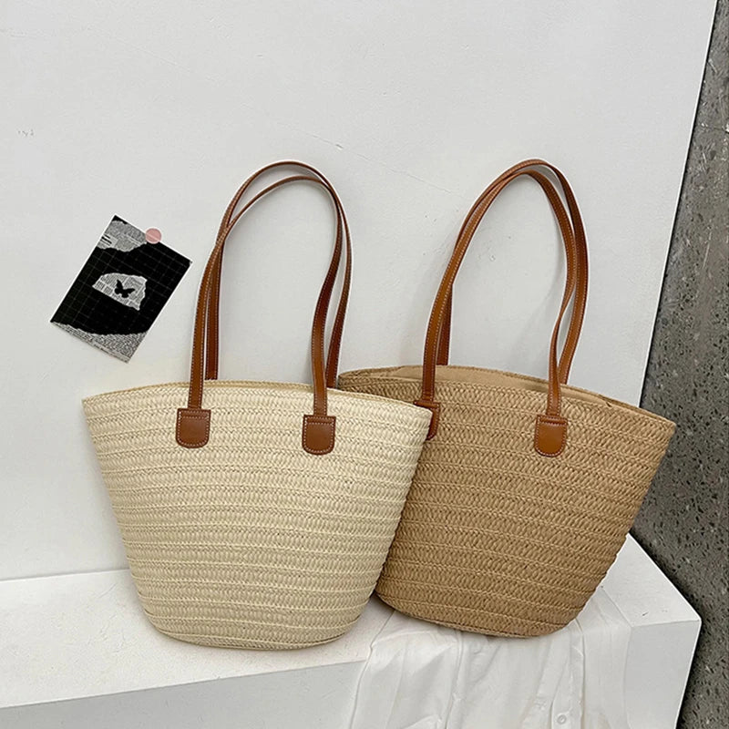 Women Braided Basket Clutches Top-handle Bag Large Straw Portable