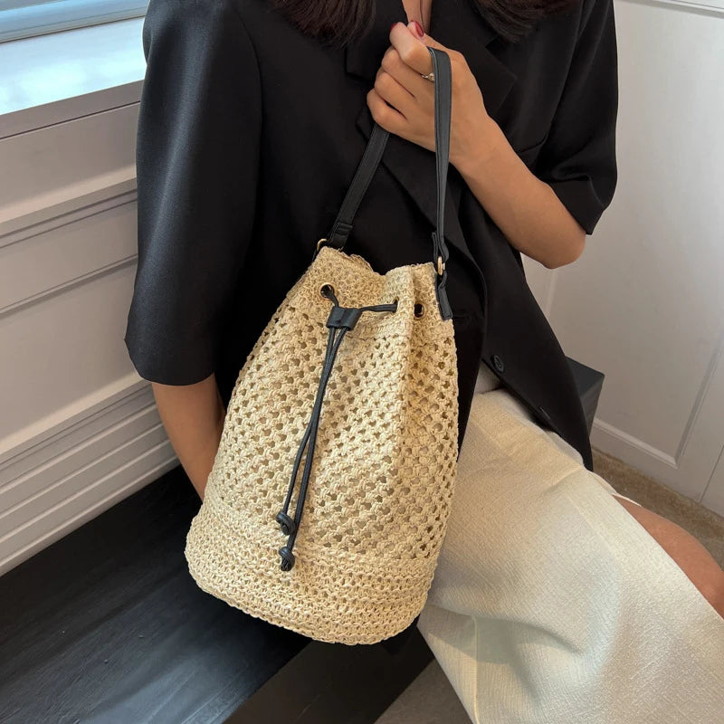Ins Woven Straw Bucket Bag Women Summer Beach Crossbody Ladies Retro