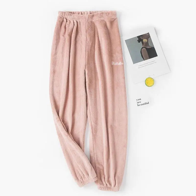 Womens Plush Thermal Lounge Pants Korean Soft Coral Fleece Sleeping Pants Loose Warm Loungewear for Indoor Home Winter Vue Pink One Size