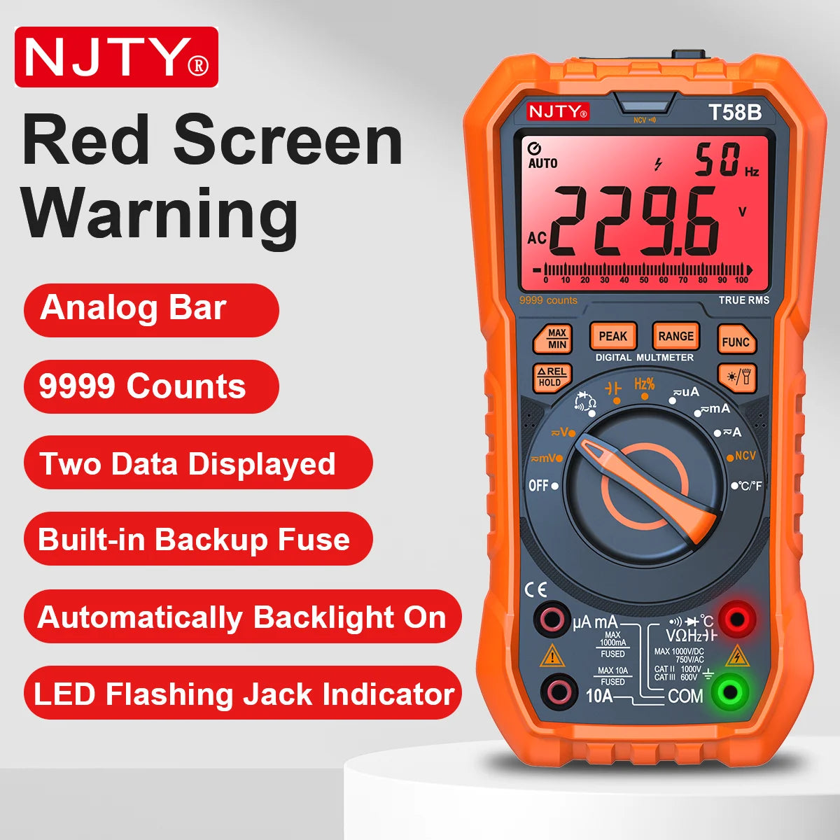 NJTY T58B 1000V Digital Multimeter Stand Type Smart Backlit Screen and LED Light JACK Indicator 9999 Counts Dual Data Displayed Vue