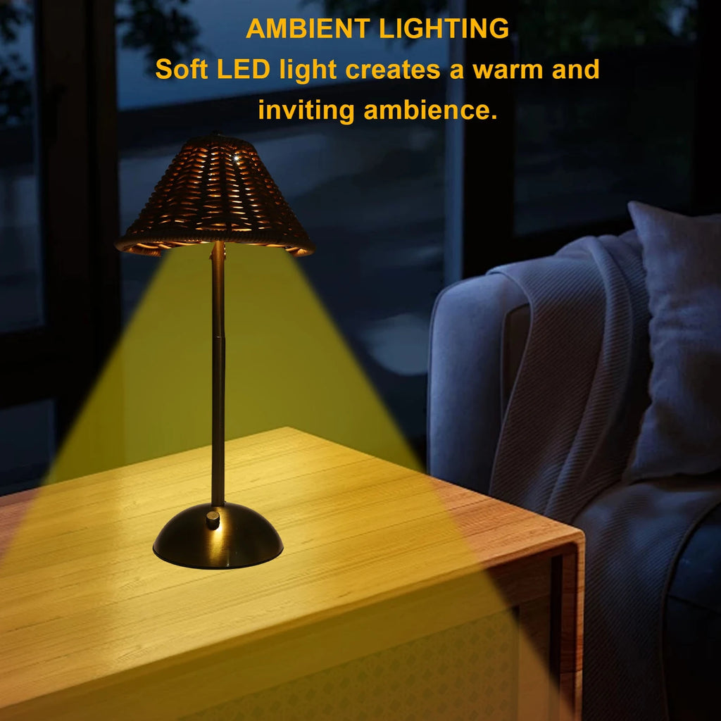 Cordless Boho Rattan Table Lamp PC Rattan Weaving Eye Care Compact LED Rechargeable Reading Light Energy Saving for Restaurant Vue