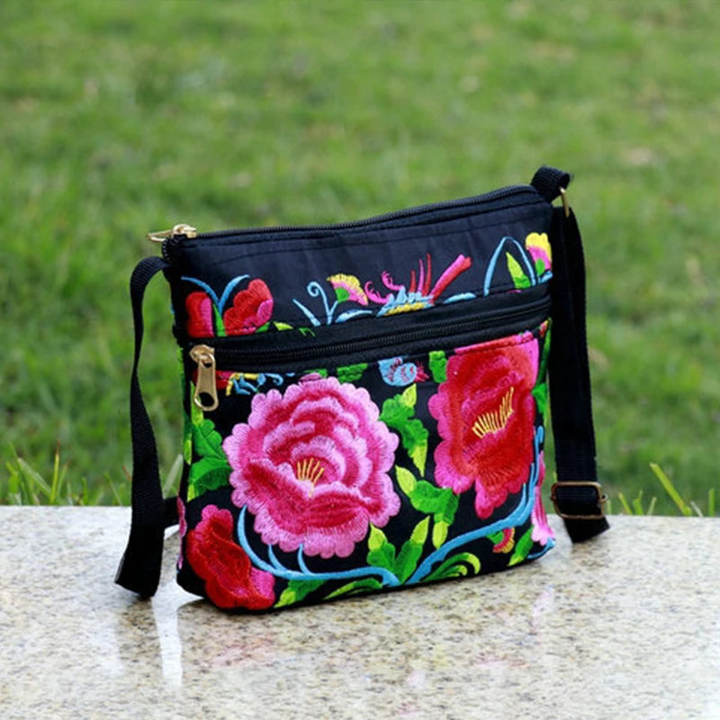Ethnic Embroidery Bag Three Zipper Women Shoulder Crossbody Small