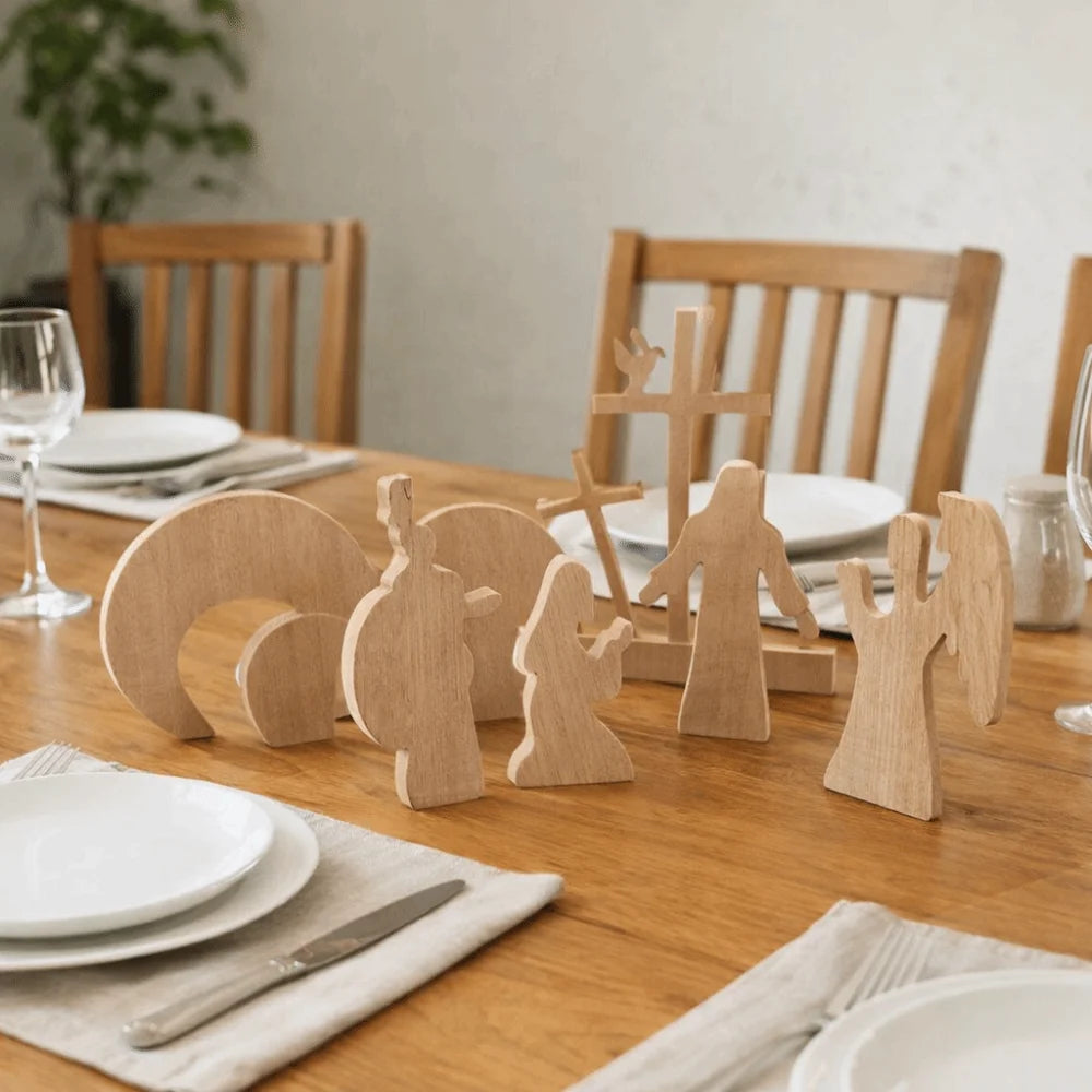 Solid Wood Jesus Resurrection Scene Ornaments with Cross Handmade Easter Empty Tomb Scene Set Simple Style Vue