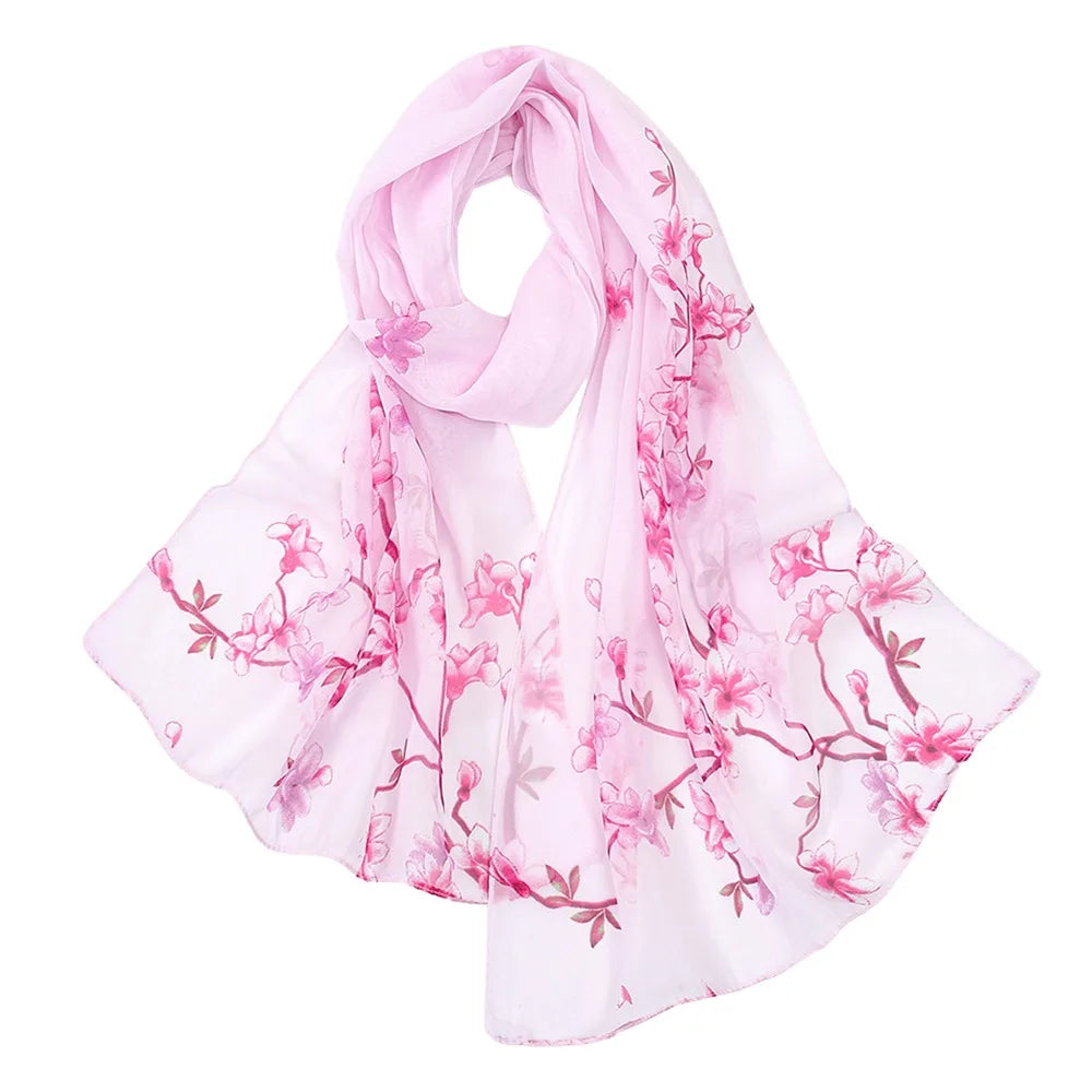 Floral Print Chiffon Scarf Long Thin Shawl Silk Soft Protection Vue Light Pink