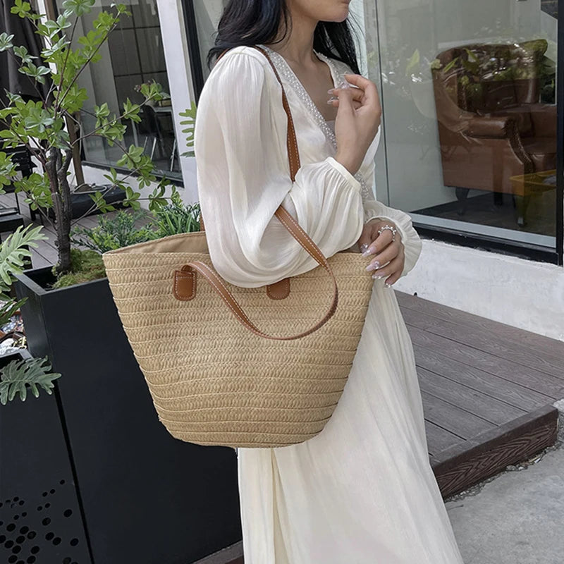 Women Braided Basket Clutches Top-handle Bag Large Straw Portable