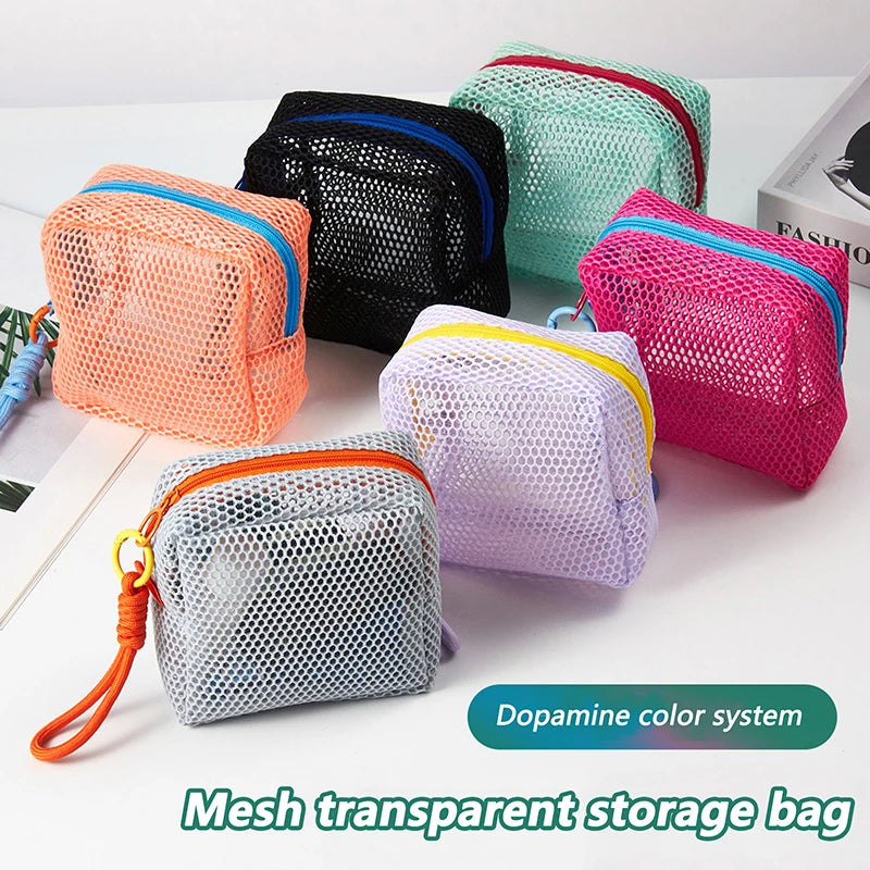 Portable Mesh Cosmetic Bag Dopamine Color Storage Makeup Case Women Mesh Toiletry Storage Pouch Organizer Sundries Storage Bag Vue