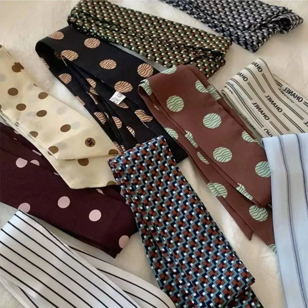 Vintage Polka Dot Long Narrow Scarf Striped Print Grid Chiffon Neck