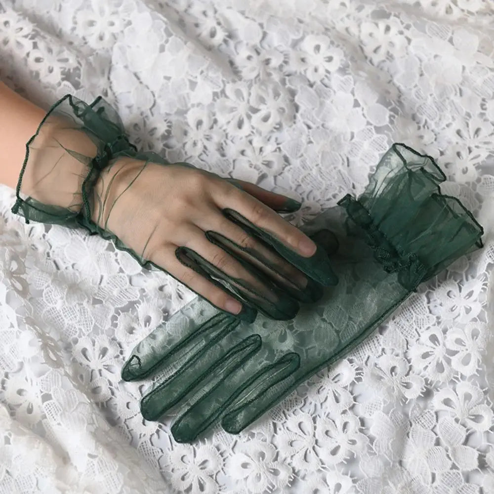 Elastic Transparent Women Tulle Gloves Ultra Thin Short Gauze Lace Vue Green