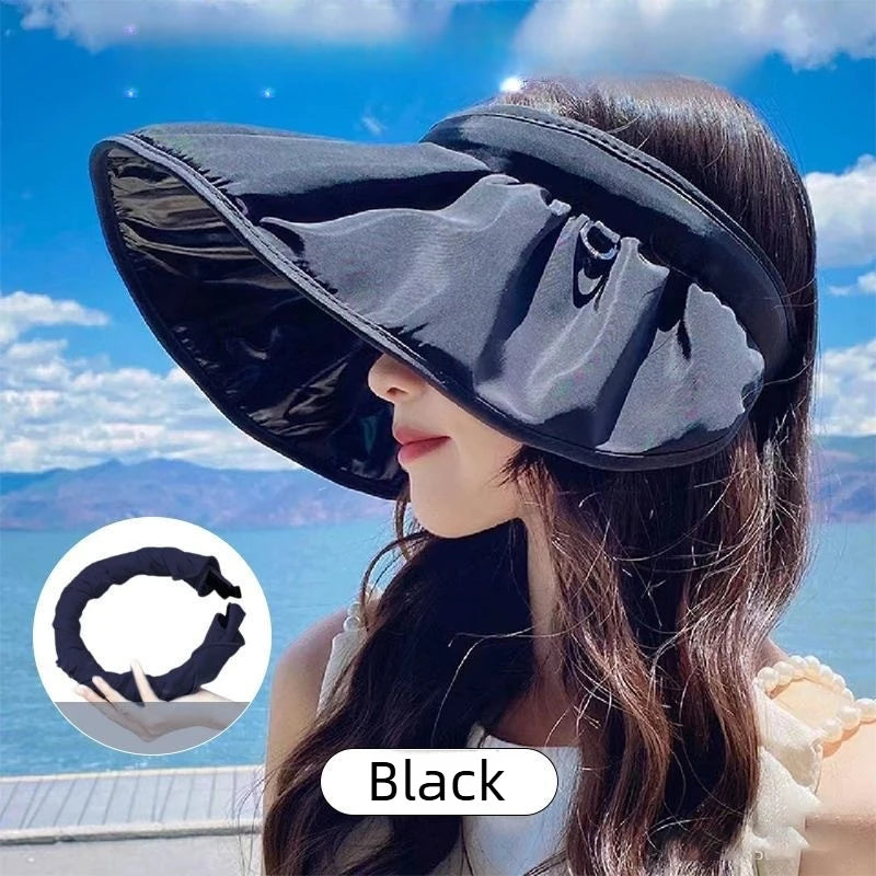 Foldable Sun Hat for Women Summer Wide Brim Breathable Polyester Beach Cap Convertible Headband Outdoor Travel Hat Vue Black 3PCS