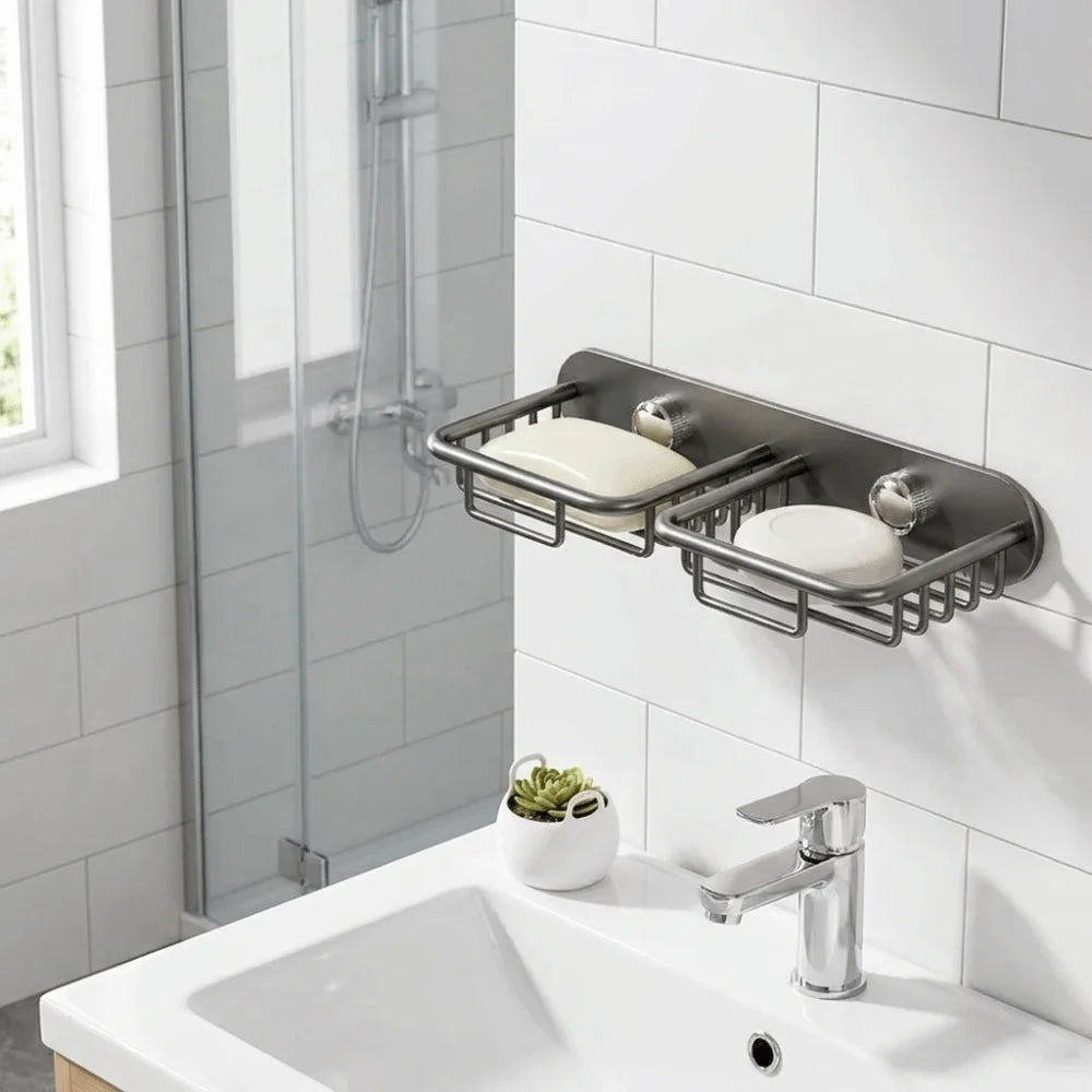 Space-Saver Self Adhesive Wall Mounted Soap Rack Rustproof Detachable Soap Storage Rack No Drill Soap Basket Shower Storage Vue