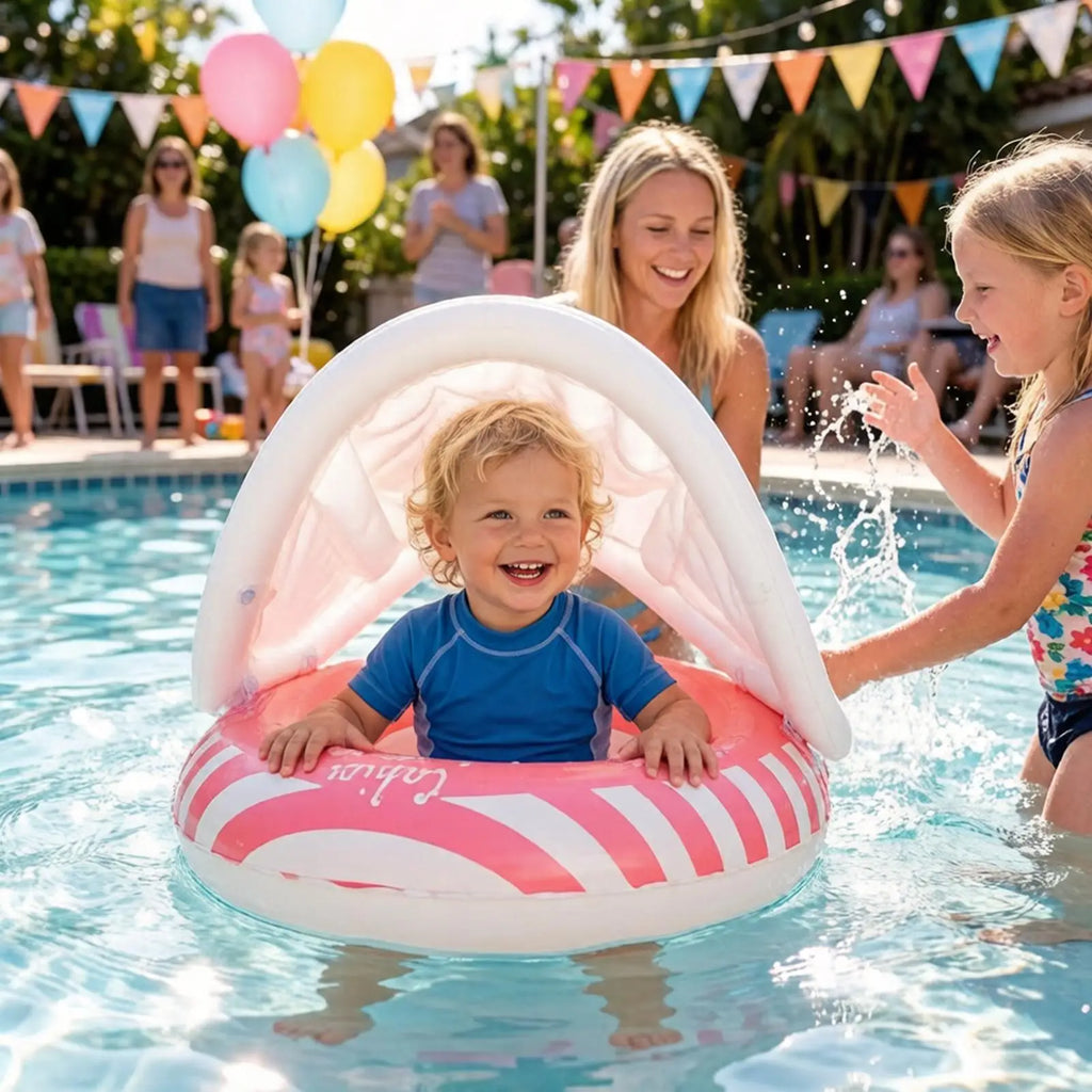Inflatable Kids Pool Float Swim Ring Seat with Canopy for Summer Vacation Travel Outdoor Beach Water Park Pool Beach Party Vue