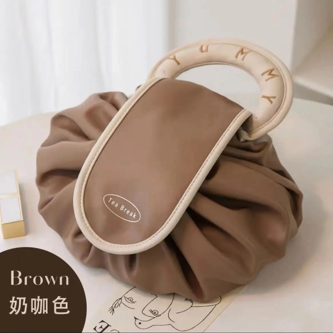 Large Capacity Travel Cosmetic Bag Portable Draw Rope Cosmetic Storage Pouch Waterproof Travel Toiletry Bags Makeup Organizer Vue Brown