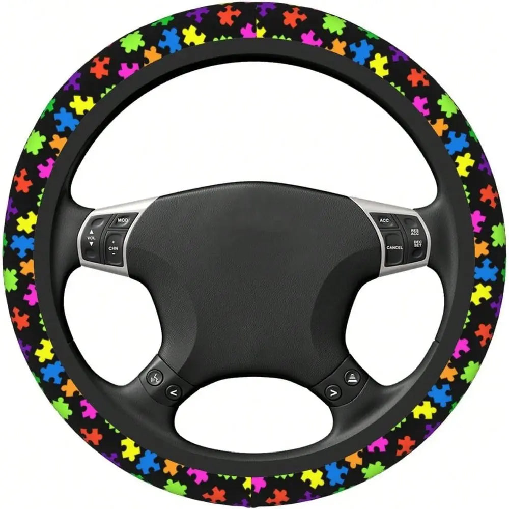 Puzzle Pieces Neoprene Car Steering Wheel Cover Protector Upgrade Thicken,Autism Awareness Colorful,Anti Slip Soft Car Accessor Vue