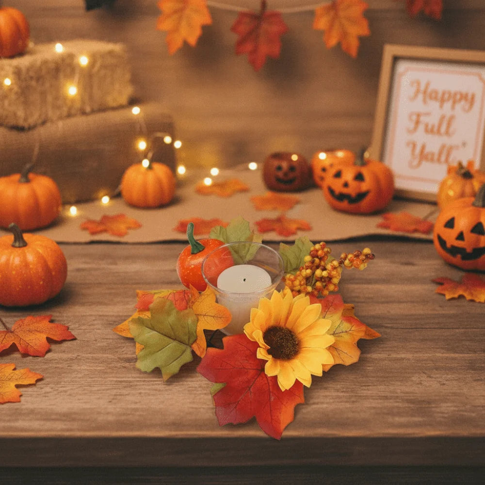 Artificial Maple Leaf Candlestick Garland Handmade Festive Candle Ring Wreath Craft Centerpiece Maple Pumpkin Wreath Vue