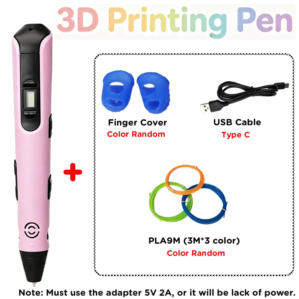 New 3D Printing Pen 1.75mm PLA Children 3D Pen Type C Cable 0.7mm Diameter Material Kids DIY Drawing Pen Boy Girl Birthday Gifts Vue Pink with 9M PLA Filagment