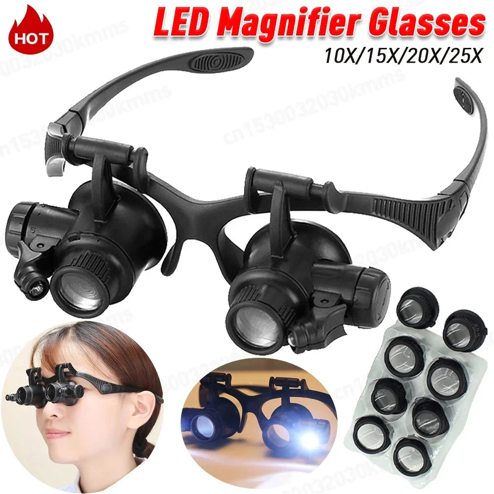10-25X Head-Worn Magnifier with LED Lights Jewelry Antique Clock Repair Tool Adjustable Headband Glass (Battery Not Included) Vue