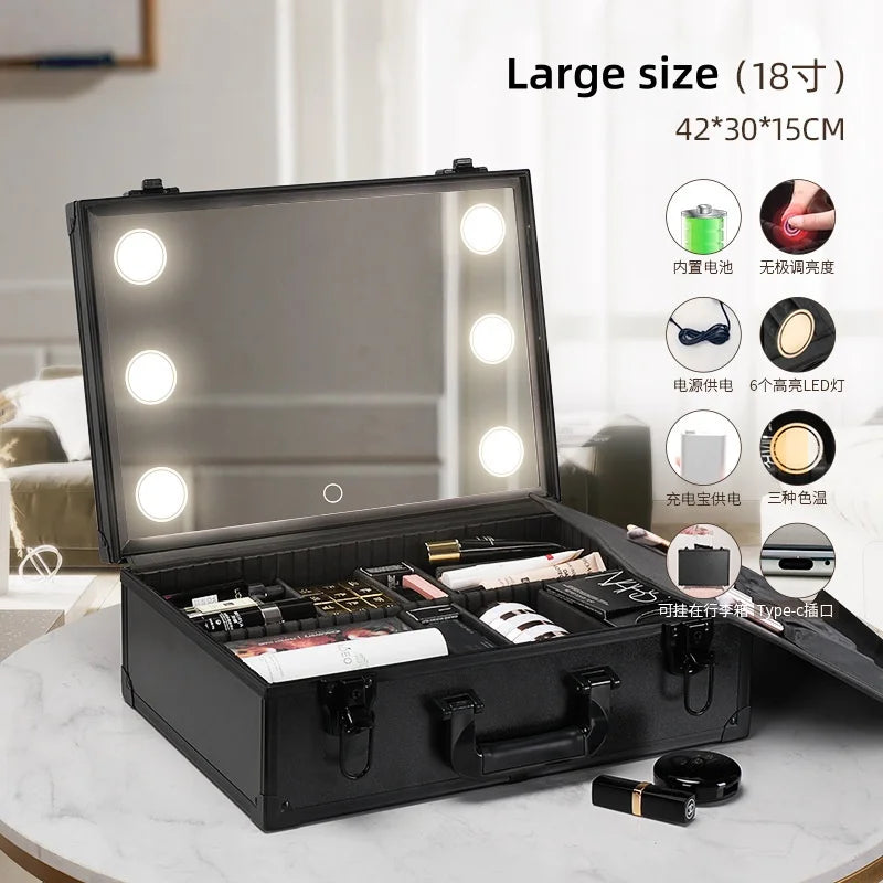 Makeup Travel Lighted Case with Large LED Light Mirror Coetic Bag Organizer Professional Adjustable Divider Storage Waterproof Vue 2071-Large size