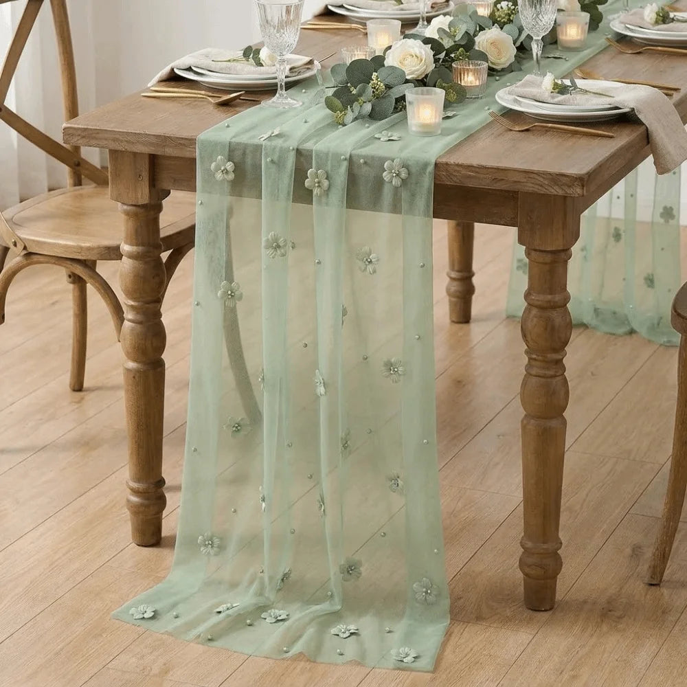 3D Flower Pearl Table Runner Semi-Transparent Multi-color Wedding Table Runner Vintage Romantic Tulle Table Runner Dining Table Vue