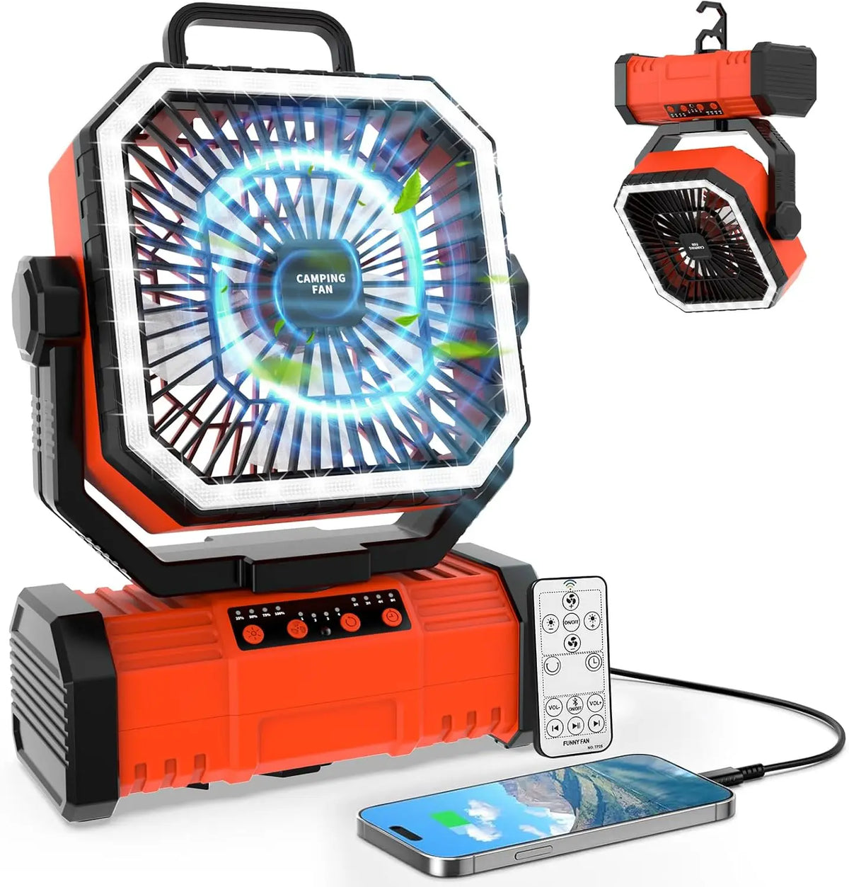 Portable Camping Fan with LED Lantern 20000mAh Rechargeable Battery Operated Fan with Hanging Hook for Outdoor Travel Camping Vue Orange-Standard