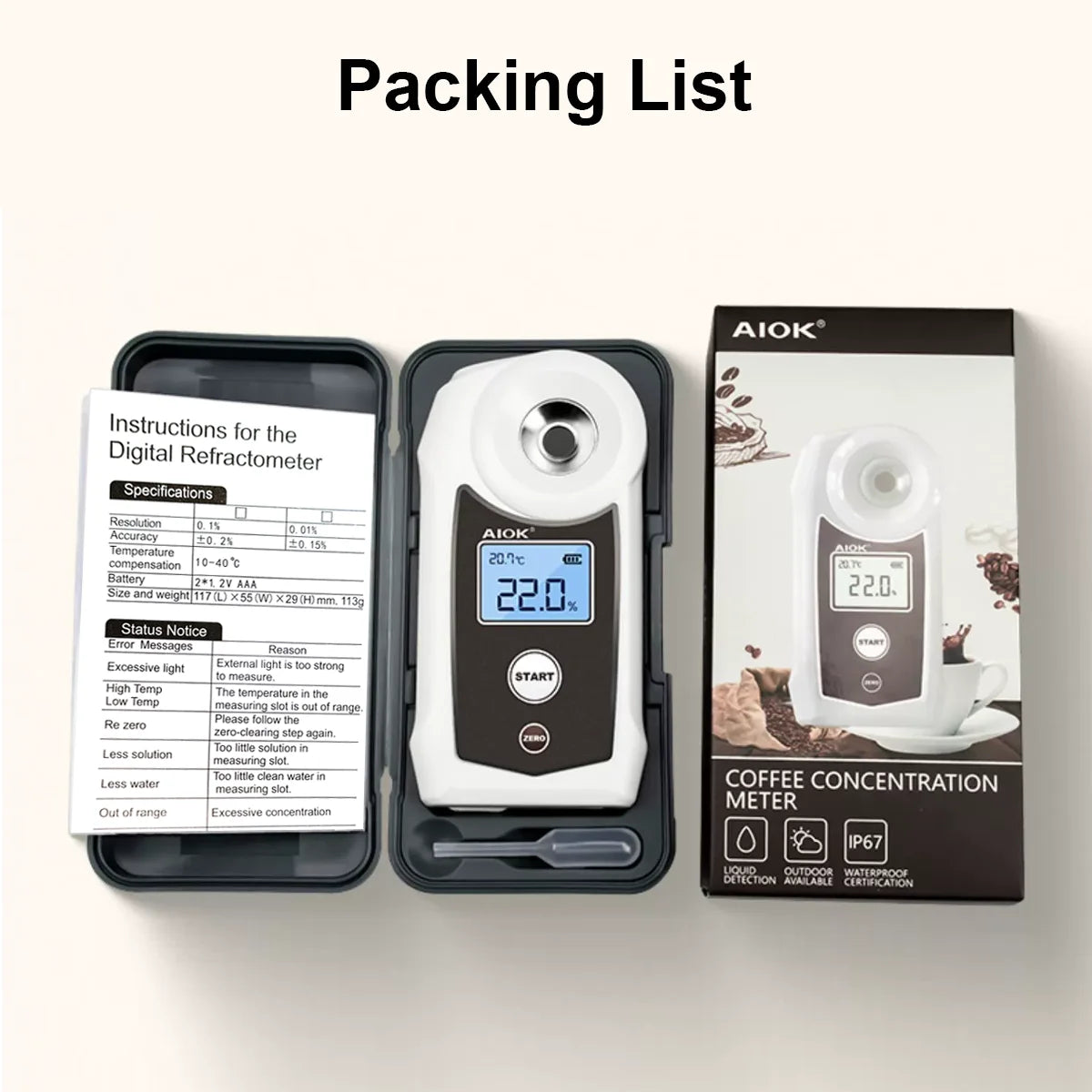 AIOK AK002K AK002KPRO Refractometer High Precision Coffee Concentration Meter Range TDS 0-22% Temerature Compensation IP67 PPBOX Vue
