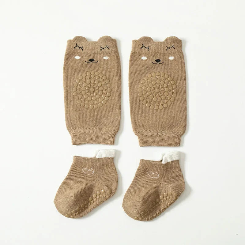 vvocci Baby KneeCartoon Anti-slip Socks Floor Socks Pads Set Summer Kid Crawling Safety Kneecap Walking Protector for Girls Boys Vue B351 dark khaki M 1-3Y 12-14cm