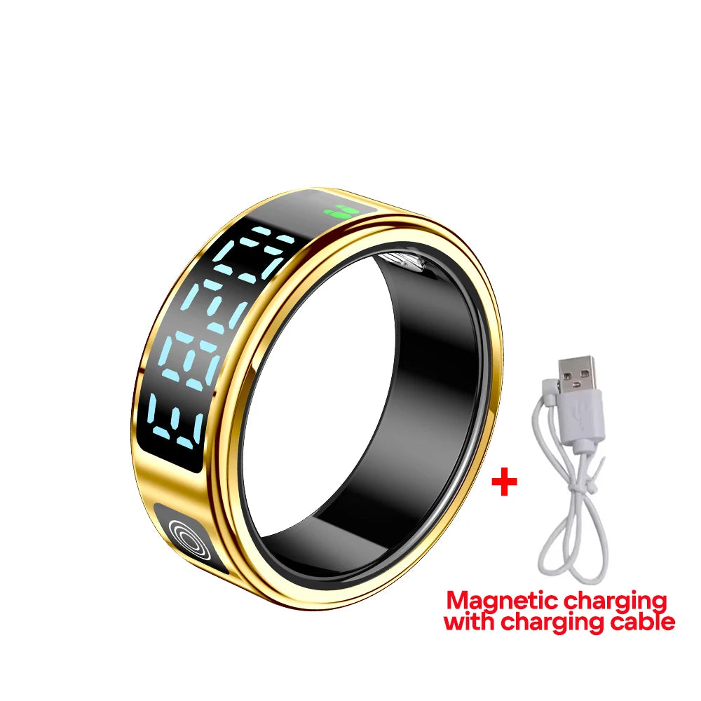 2025 New SR08 Smart Ring Men Women LED Display Screen Heart Rate Blood Oxygen Monitoring 5ATM Waterproof Multi Sports Modes Gift Vue Gold with cable 10