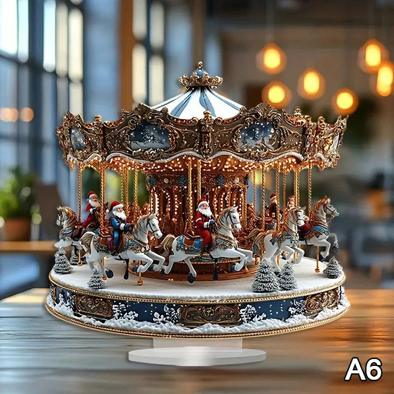 2D Flat Acrylic Christmas Desk Decor With Base Snowman House Rotating Carousel Design Indoor/Outdoor Home Office Decoration Vue A6