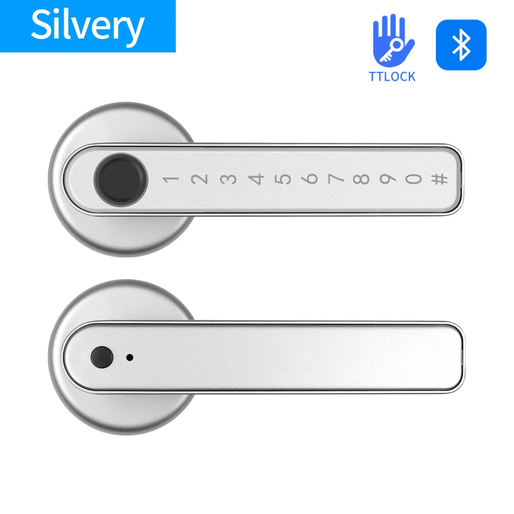 Tuya TTLOCK Smart Fingerprint Door Lock Handle Digital Electronic Security with Finger Password Key & Smartlife/Tuya App Control Vue Q49-TT-slivery