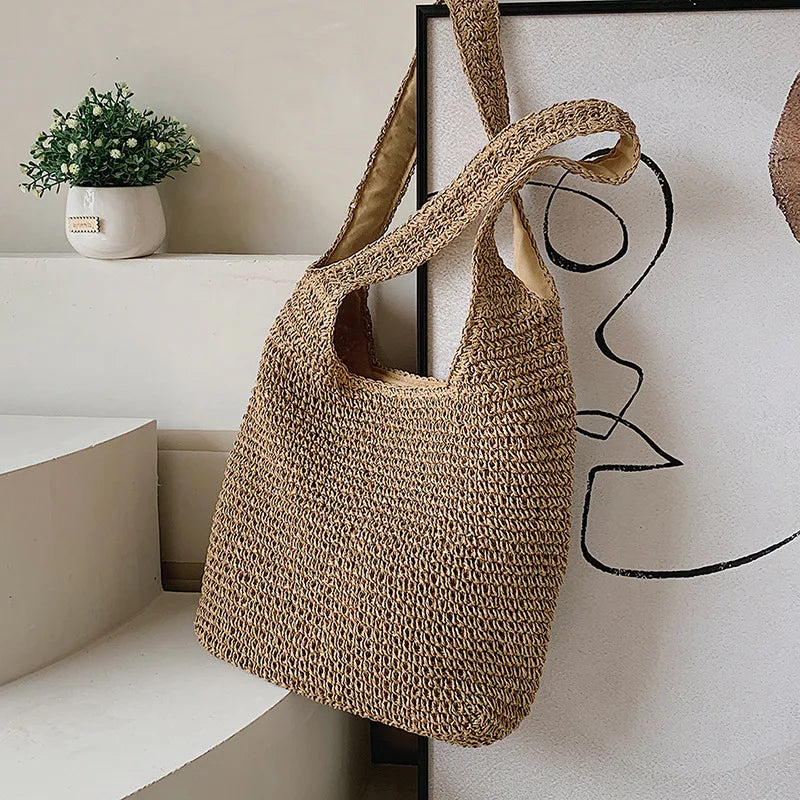 Women Large Capacity Shoulder Bags Handmade Straw Woven Fashion