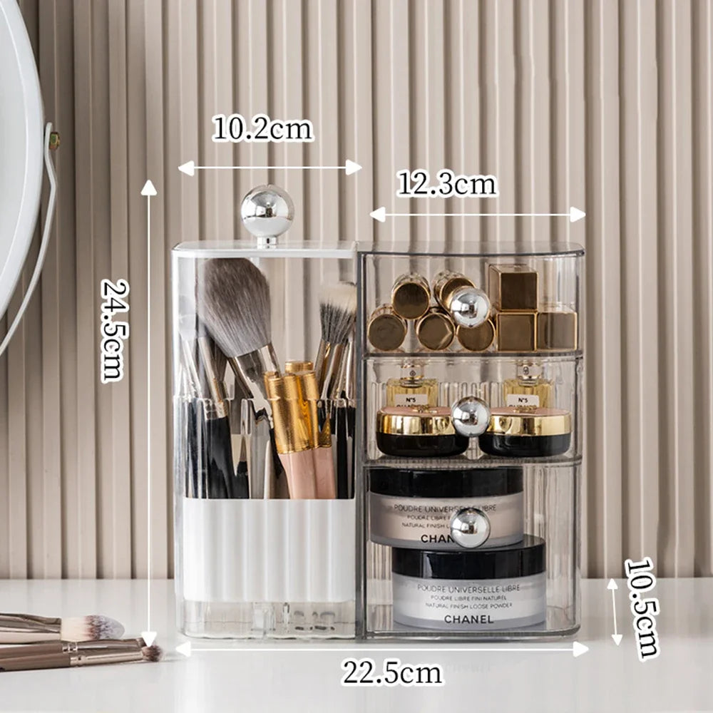 Automatic Lifting Makeup Brush Organizer with Multiple Compartments for Brush Large Capacity Lift-Top Drawer Cosmetic Organizer Vue White