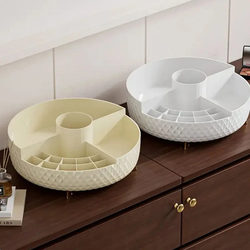 360 Degree Rotating Storage Box Diamond Pattern Cosmetic Storage Container with Multiple Compartment for Lipstick Makeup Brushes Vue