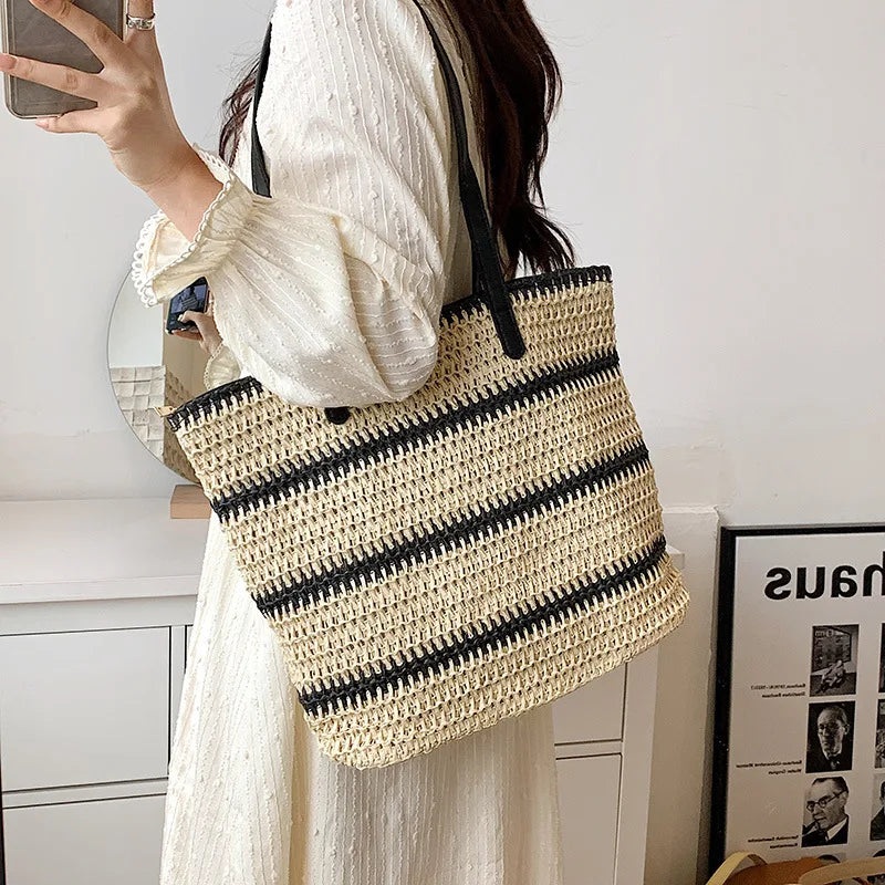 Vintage Straw Rattan Woven Bags Handmade Summer Beach Ladies Large