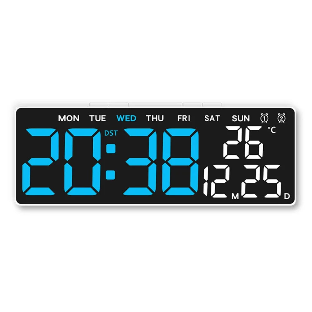 12/24H Format LED Electronic Clock 2 Alarms 3 Levels Brightness Alarm Clock Temperature Display Auto-Dimmer Large Digital Clock Vue White Blue