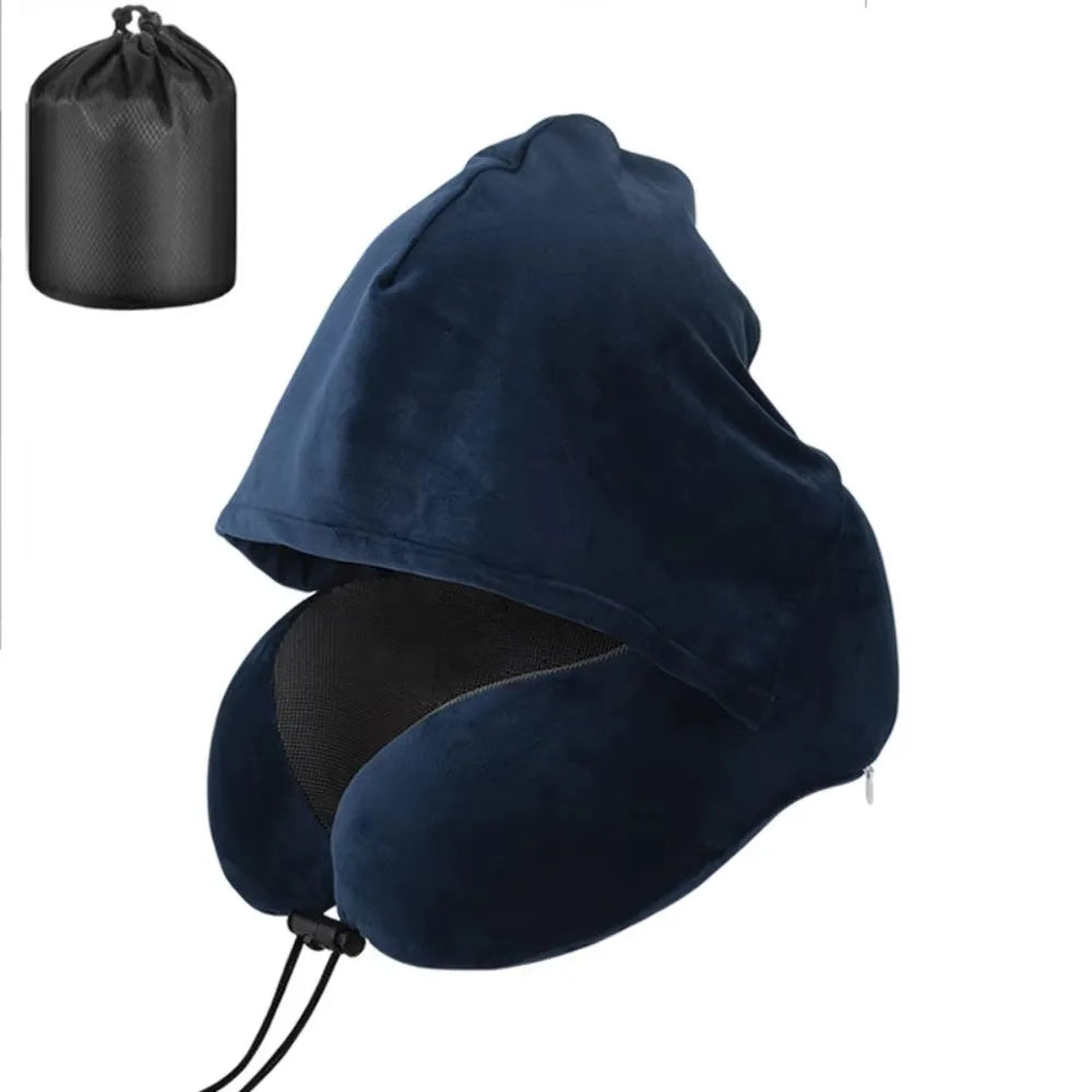 Removable Travel Neck Pillow Washable Cover with Storage Bag Hooded Pillow Adjustable Comfortable U-shaped Pillow with Cap Vue Blue Velvet