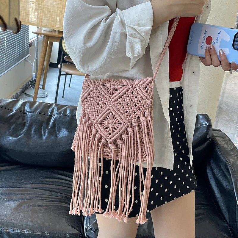Women Crochet Shoulder Bag Tassel Handwoven Crossbody Solid Bohemian