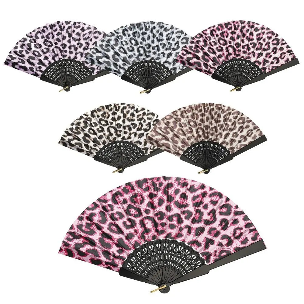 Fashion PP Folding Fan Leopard Print Black Pole Hand Fold Handheld