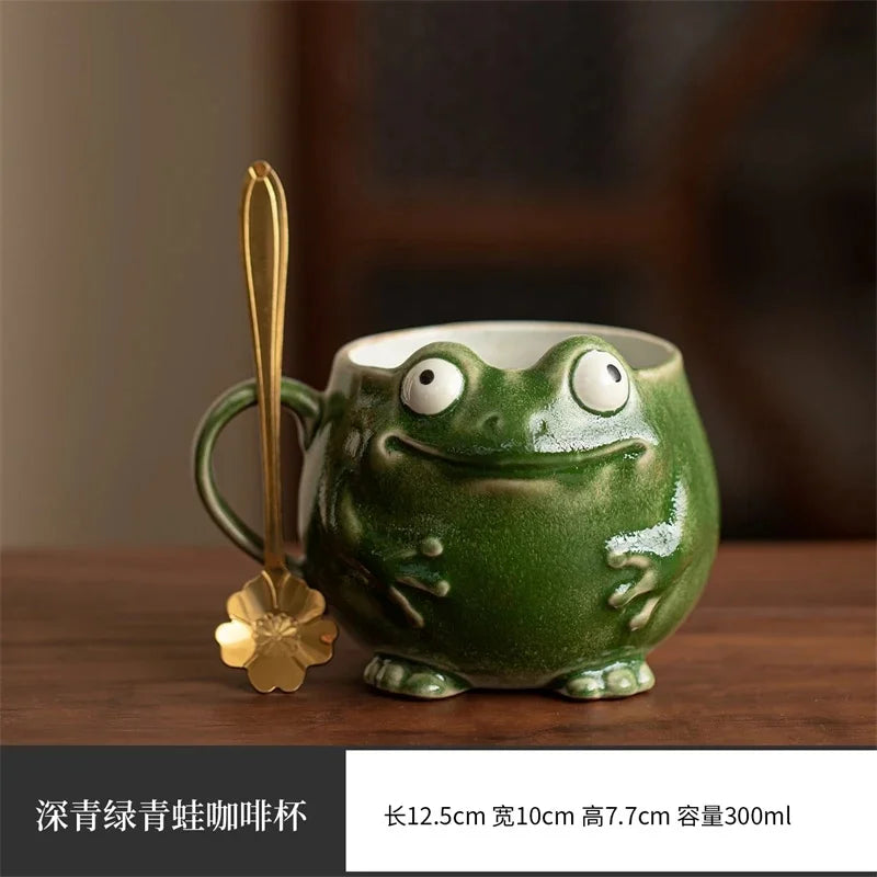 Frog Ceramic Coffee Mug With Spoon Cute Retro Personality Design Cup For Office Desk Home Table Decor Gift For Women Teens Vue