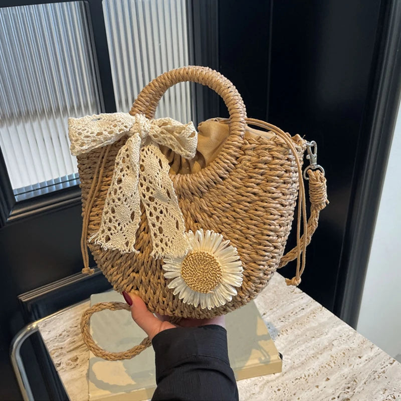 Handwoven Straw Rattan Half-moon Beach Handbag Small Women Summer