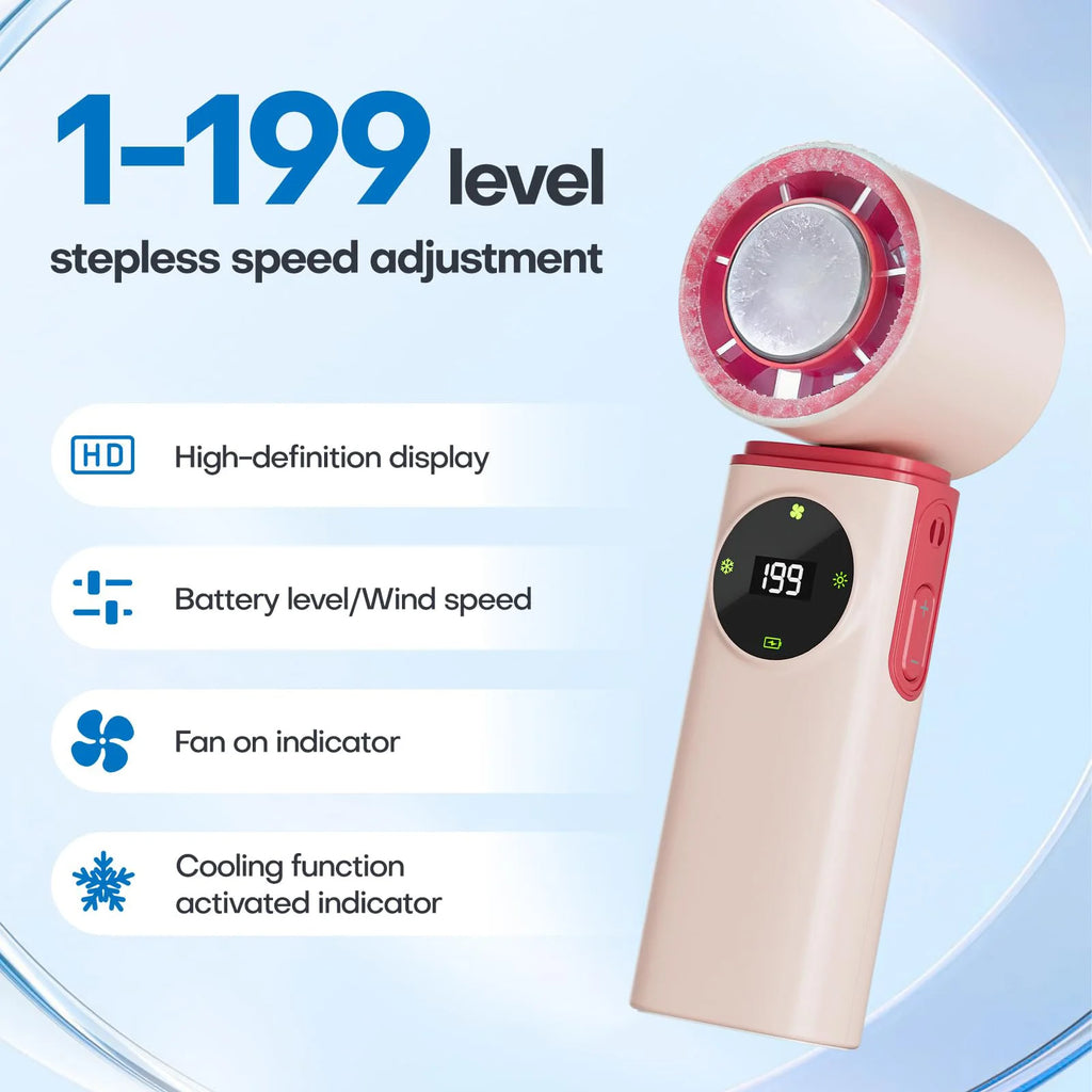 Portable Handheld Fan with Ice Cooling, 199 Levels Stepless Speed,Rechargeable Personal Mini Fan for Travel, Outdoor, Makeup Vue