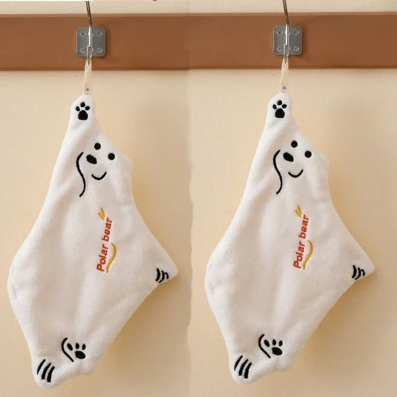 2pcs Polar Bear Hand Wiping Towel Super Absorbent Hanging Kitchen Towel Coral Design Thick Cartoon Hand Towel Vue 2pcs white